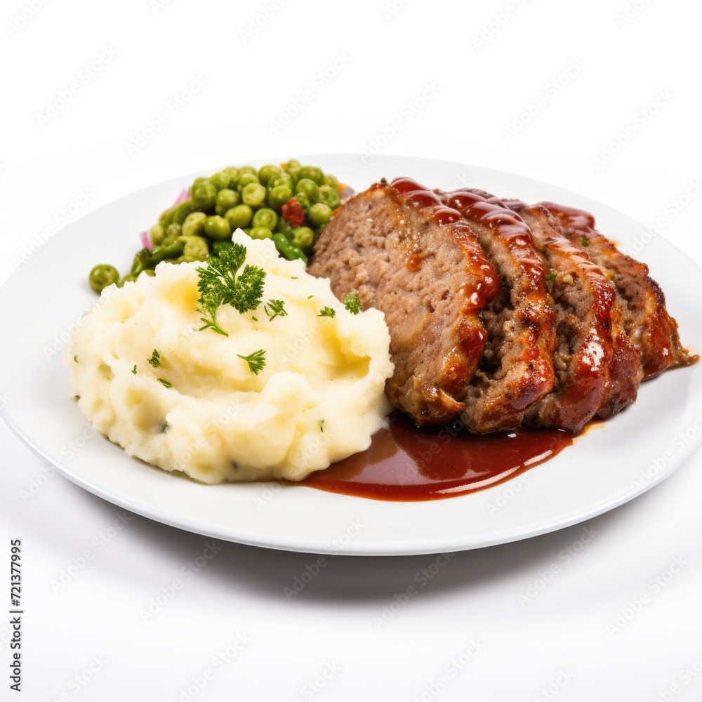 Delicious Plate of Meatloaf and Mashed Potatoes on a white background Delicious Plate of Meatloaf and Mashed Potatoes on a white background