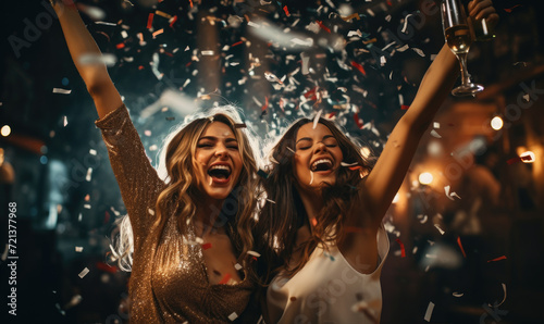 Wild pretty women on the new year celebration party. Drinking champagne, dancing and having fun