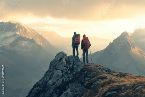 two hikers on a mound with backpack, in the style of photorealistic surrealism, cold and detached atmosphere , goldern hour light effect, mountainous vistas, high definition, dark gray and light