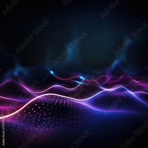 Digital dynamic wave of particles. Abstract futuristic background with neon lights dots and lines