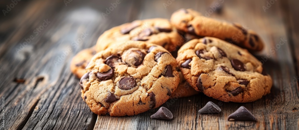 Delicious Chocolate Chip Cookies Arranged on a Rustic Wooden Table: Indulge in the Tempting Sweetness of Chocolate Chip Cookies on a Wooden Table Delicious Chocolate Chip Cookies Arranged on a Rustic Wooden Table: Indulge in the Tempting Sweetness of Chocolate Chip Cookies on a Wooden Table