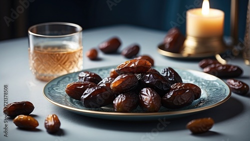 dried dates fruit and nuts with a glass of water photo