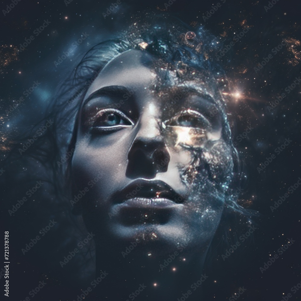 Double exposure surreal image of face and universe