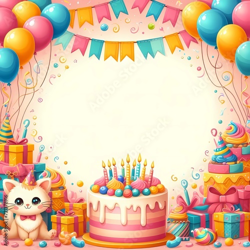 Template for a birthday greeting card with balloons, cakes, confetti