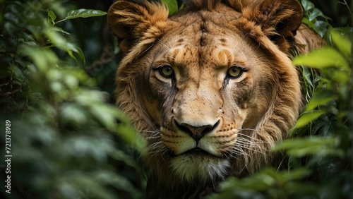 close up portrait of a lion in jungle