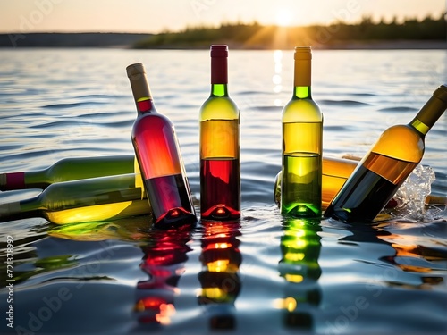Bunte Weinflaschen stehen im Wasser
