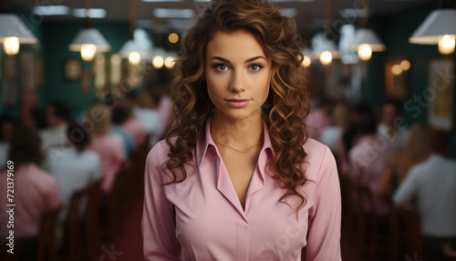 Young woman looking at camera, smiling with confidence indoors generated by AI