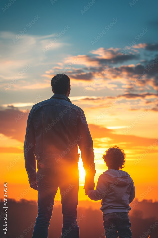 Child and father looking on sunset sky