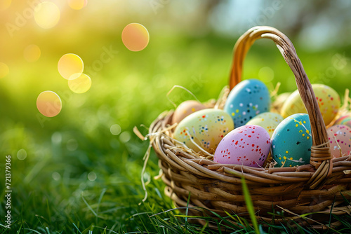 Easter eggs in a basket in the grass. Colorfully decorated Easter eggs in a wicker basket. Traditional egg hunt for spring holidays. Morning magical light. Card with copy space for text. Banner photo