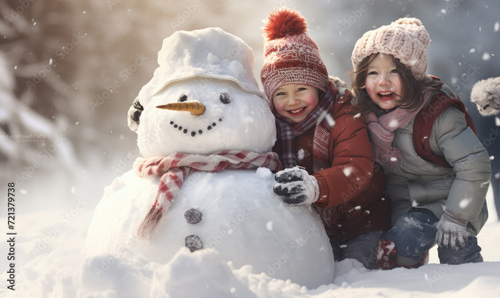 Happy kids are playing with snow and building an amazing snowman