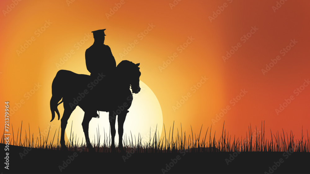 A striking silhouette of Atatürk on horseback set against the backdrop of a dramatic sunset, representing the enduring legacy of Turkey's founding father during national celebrations.