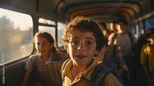 A South American child boards a lively school bus with classmates © basketman23