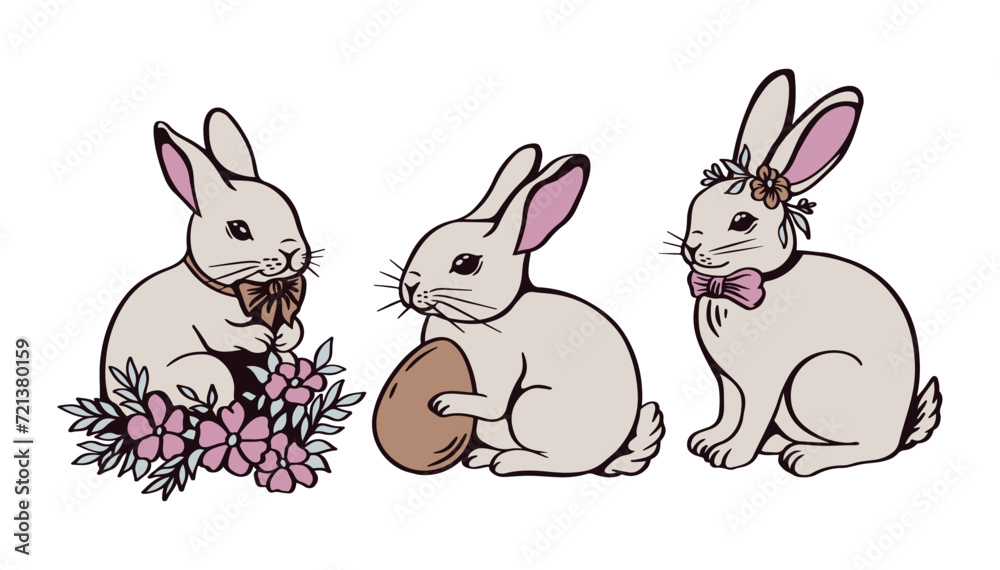 Set of Easter rabbits with Easter egg and flower bouquet. Vector illustration collection. Set of Easter rabbits with Easter egg and flower bouquet. Vector illustration collection.