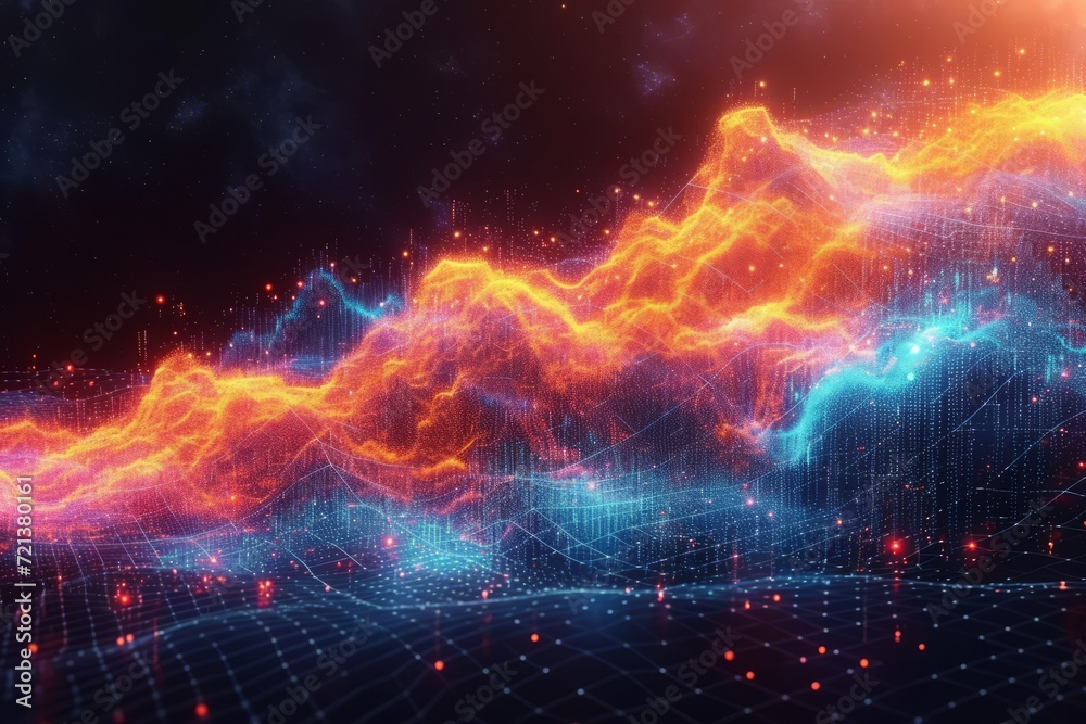 Abstract digital landscape with glowing blue and orange particles forming mountain-like structures against a dark background