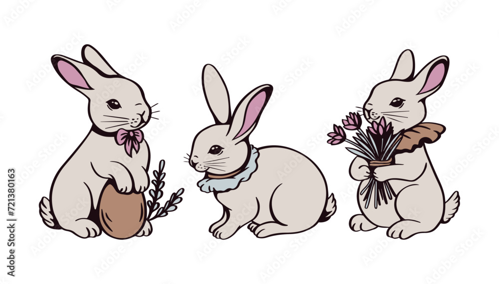 Fototapeta premium Set of Easter rabbits with Easter egg and flower bouquet. Vector illustration collection.