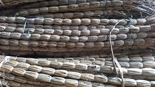 A pile of ropes of dried water hyacinth leaves.