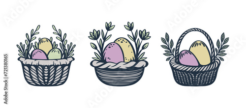 Set of vintage baskets with Easter eggs decorated flowers and leaves. Vector decorations collection.