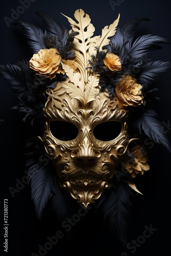 A luxurious golden mask with feathers on a black background