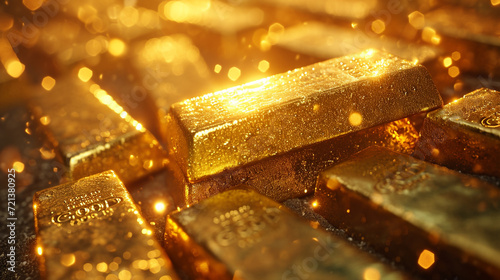 Pile of gold bar background concep with bokeh background. 