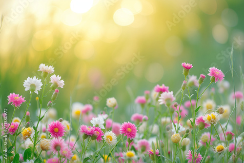 pink wildflowers in meadow with blurry blank copy text space in background, frame template 