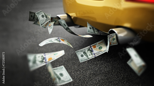 100 dollar bills flowing from the exhaust pipe of a car. 3D illustration
