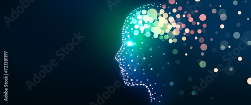 Human head with a luminous brain network. Digital brain, Analysis information, Cyber mind, Deep and Machine learning, Consciousness, Artificial intelligence, Technology background concept.