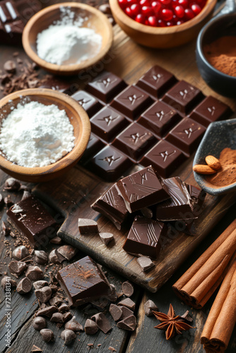 Chocolate with ingredients on wood background