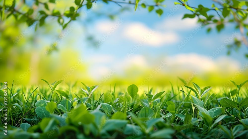 Spring Awakening: Fresh Green Leaves and Blossoms with Radiant Bokeh Light Background