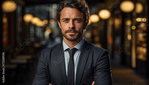 Confident businessman in suit looking at camera, outdoors, success generated by AI © Jeronimo Ramos