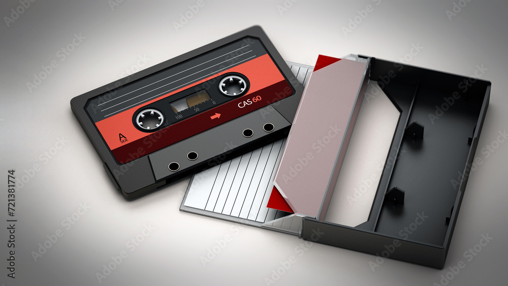 Vintage audio cassette and cassette case isolated on white background. 3D illustration - obrazy, fototapety, plakaty 