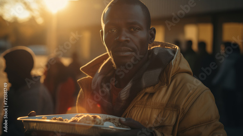 Helping refugees in camp for illegal immigrants. African man with plate of food against sunset, conveying hope and sustenance.