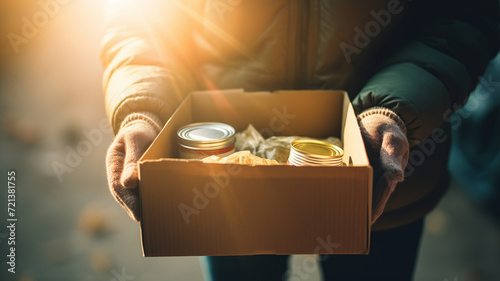 Helping refugees in camp for illegal immigrants banner. African man hold canned food with sunlight. Concept depicting charity and assistance.