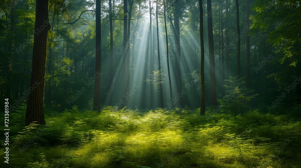 Fototapeta premium Radiant sunlight transforms a green forest into a captivating wonder.