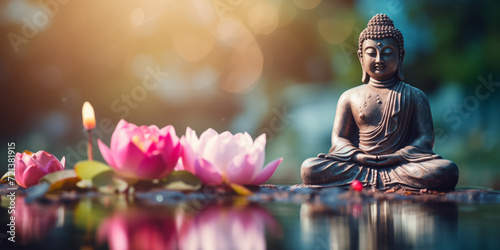 Concept statue Buddha with water lily or lotus flower. Vesak day birthday banner  Buddhist lent.