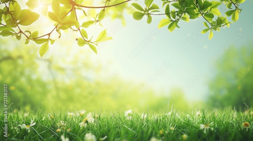 Spring Awakening: Fresh Green Leaves and Blossoms with Radiant Bokeh Light Background