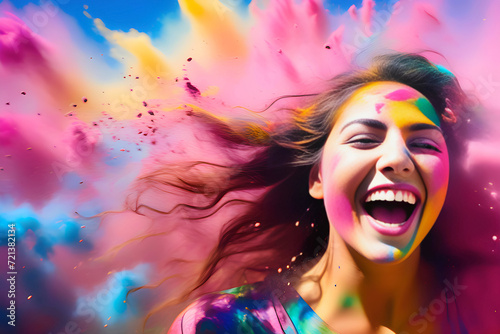Happy expression of beautiful woman celebrating Holi Day with explosion of colorful gulal or powder and copy space area.