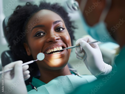 Empowered African American Woman Receiving Comprehensive Dental Care from Expert Dentist  Reflective Health Assurance at Modern Clinic