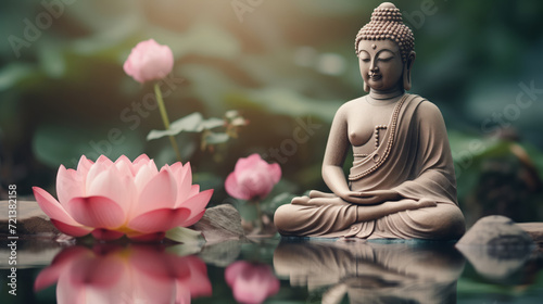 Concept statue Buddha with water lily or lotus flower. Vesak day birthday banner  Buddhist lent.