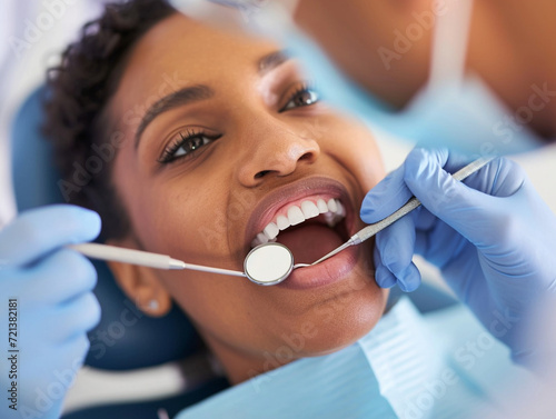 Empowered African American Woman Receiving Comprehensive Dental Care from Expert Dentist  Reflective Health Assurance at Modern Clinic