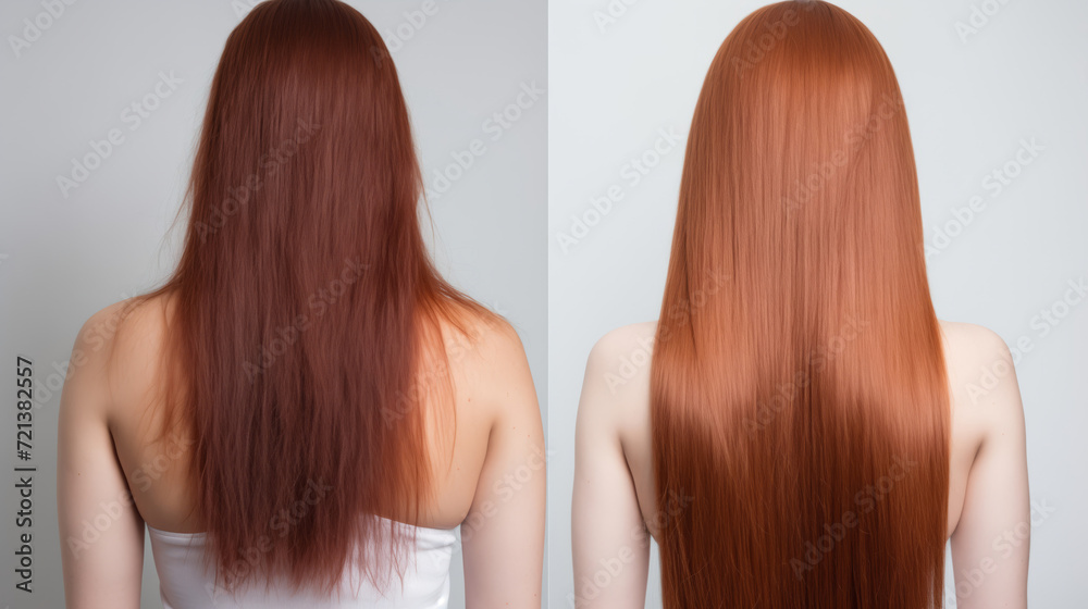 Fototapeta premium Red hair before and after treatment, sick, cut and healthy hair.