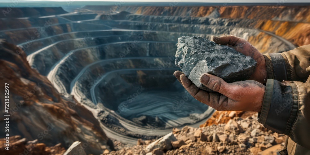 Worker holds a piece of iron in his hands, set against the backdrop of an expansive open pit mine. - obrazy, fototapety, plakaty 