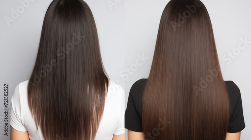 Brunette Hair before and after treatment, sick, cut and healthy hair photo