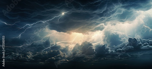 A brooding abstract background dominated by dark storm clouds, rain, and thunder.