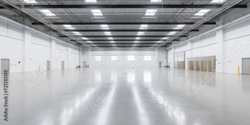 Large industrial warehouse with pallets of goods and storage racks