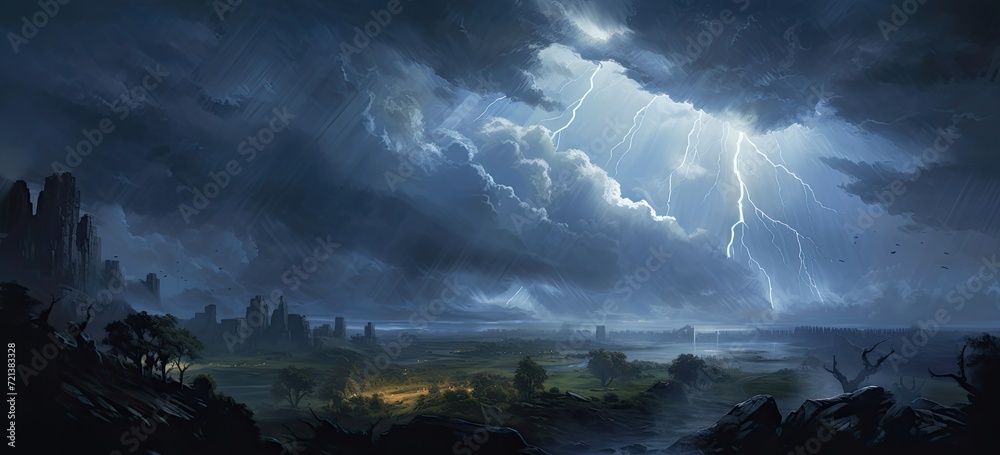 Fototapeta premium A brooding abstract background dominated by dark storm clouds, rain, and thunder.