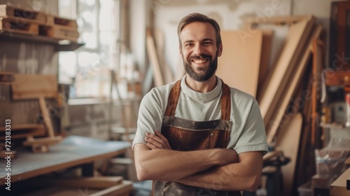 Portrait of a handsome man carpenter smiling at a factory, Carpenter worker concept.