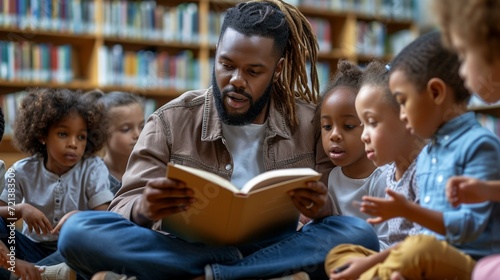 A serene moment of a teacher reading to a group of young students, fostering a love for literature and learning, [teacher]