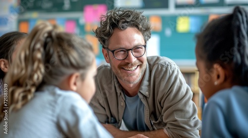 A candid moment of a teacher facilitating a lively classroom discussion, encouraging students to share their thoughts and opinions, [teacher] © Julia