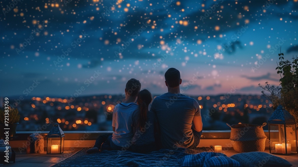 Evening family stargazing on the rooftop, enjoying the night sky together, [strong happy family with children having a good time in their modern home]