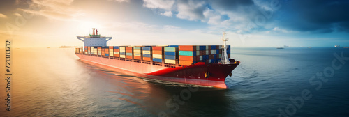 Concept logistic banner, shipping export, import. Cargo maritime ship with container in water ocean, sunset